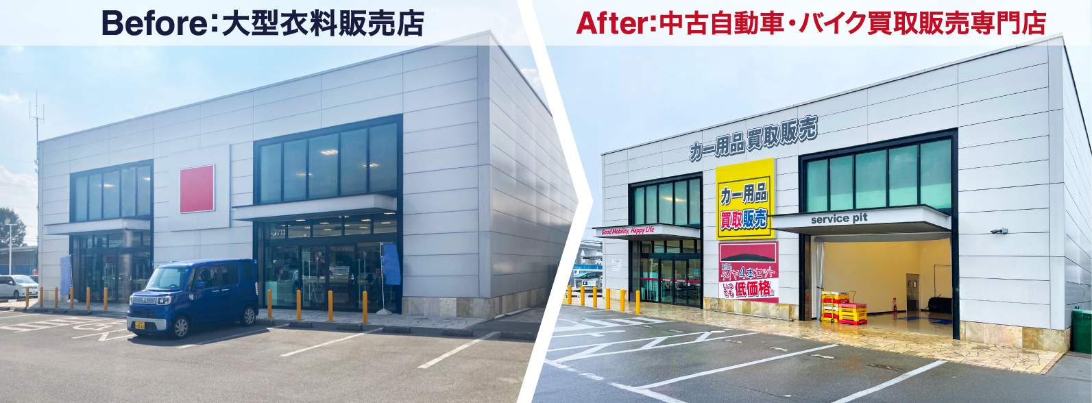 Before:大型衣料販売店 → After:中古自動車・バイク買取販売専門店