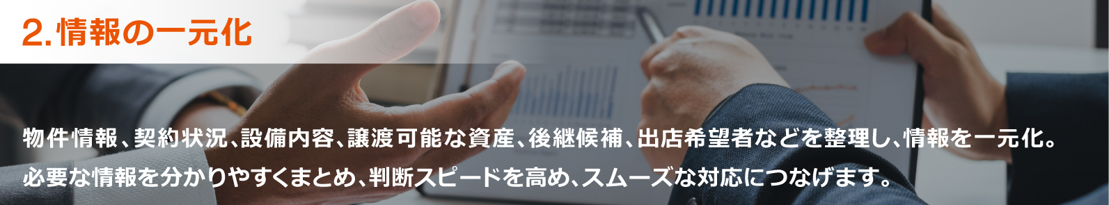 2.情報の一元化:物件情報、契約状況、設備内容、譲渡可能な資産、後継候補、出店希望者などを整理し、情報を一元化。必要な情報を分かりやすくまとめ、判断スピードを高め、スムーズな対応につなげます。